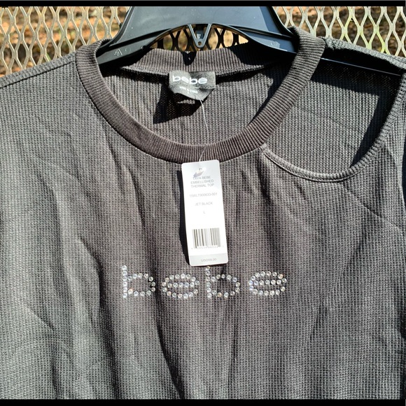 Bebe Logo Light Thermal Tie Waist Top Black Size L - Picture 3 of 8